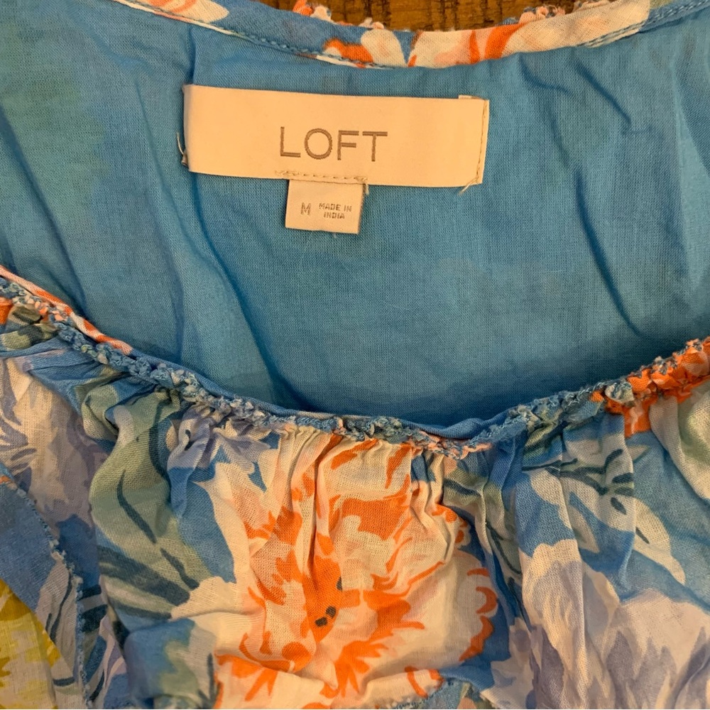 LOFT Blue Floral Ruffle Shell Blouse - Picture 3 of 3